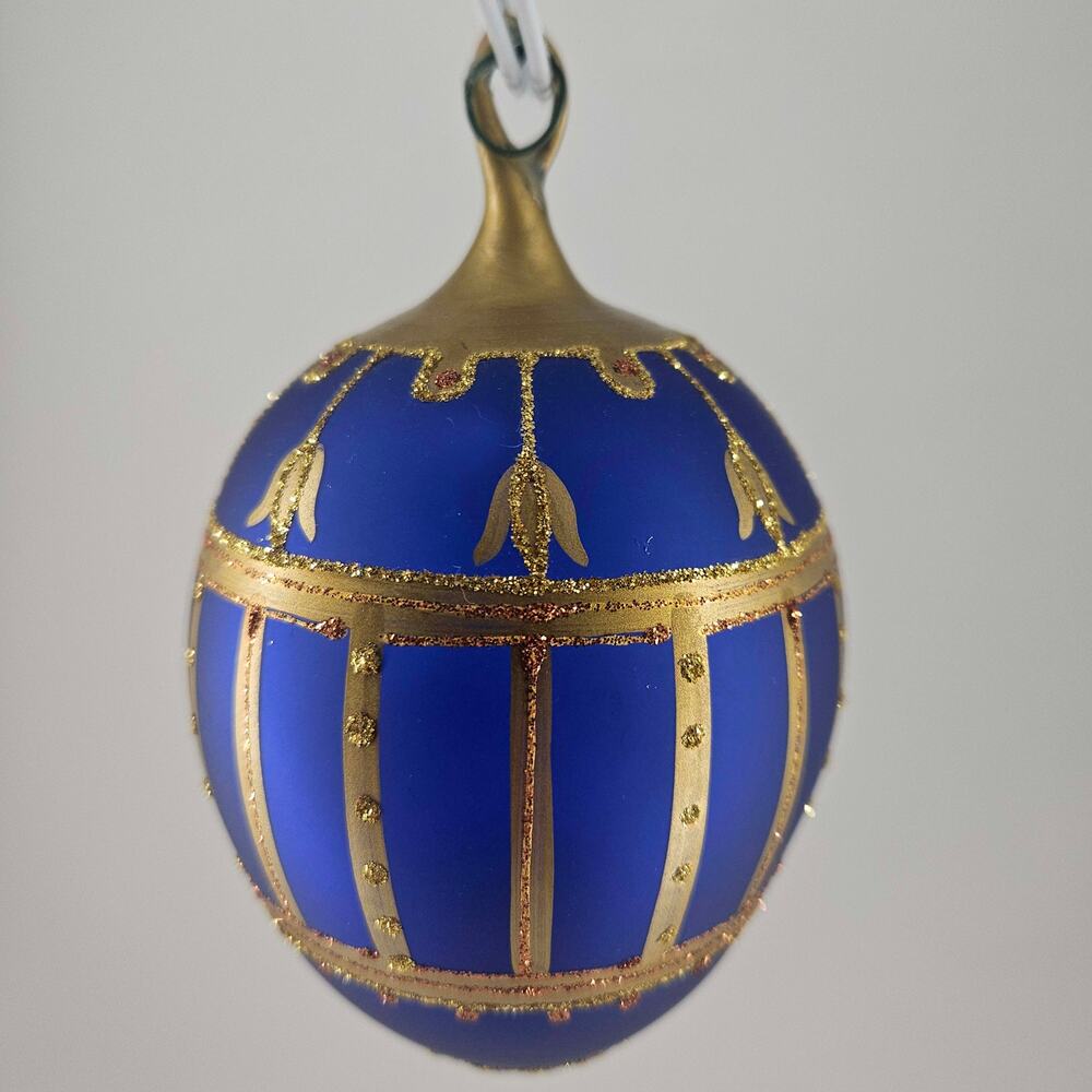 Vintage ornate KOMOZJA Poland blown glass blue gold egg Christmas Ornament
